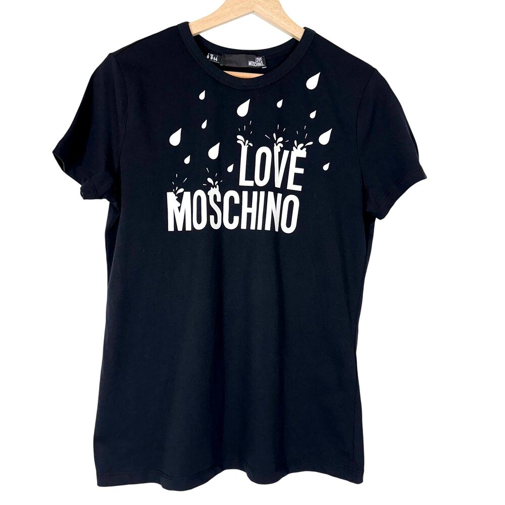 RARE Love‎ Moschino Raindrop Logo T-Shirt Short Sleeve | Black White | SZ 8